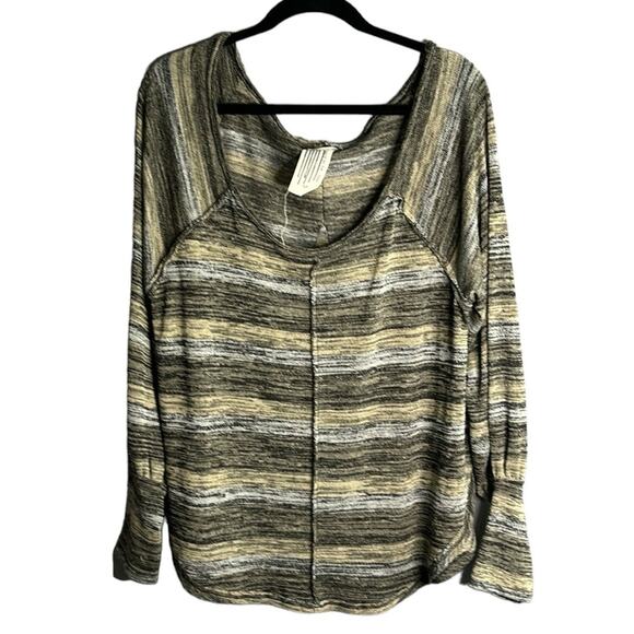 Free People Green and Gray Long Sleeve Knit Top with Scoop Neck Size Small - Picture 1 of 9